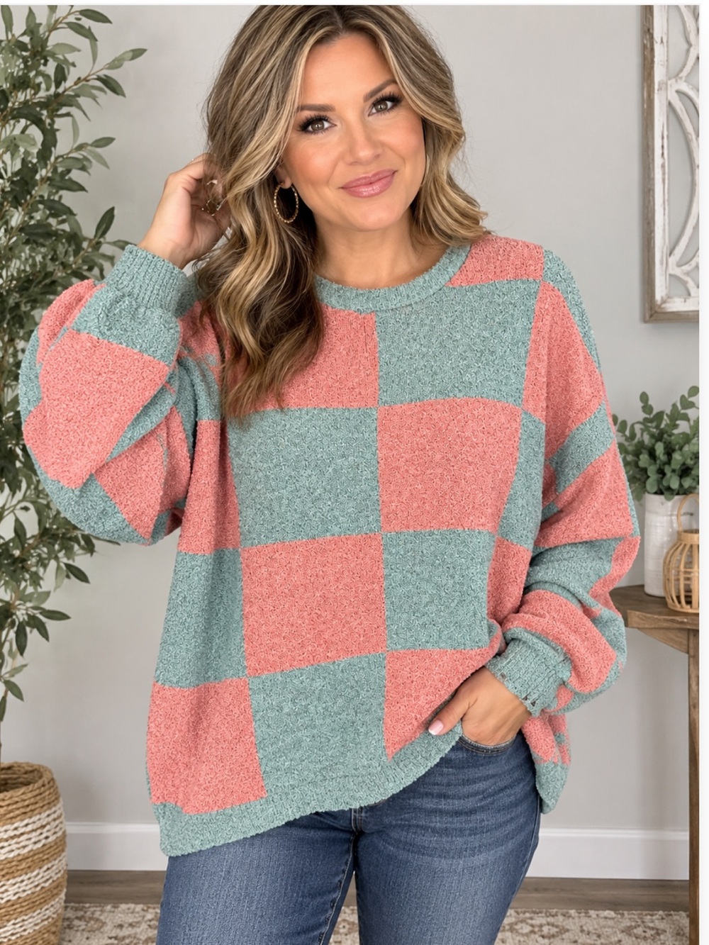 Olivaceous Coral & Sage Check Bouclé Crewneck Sweater